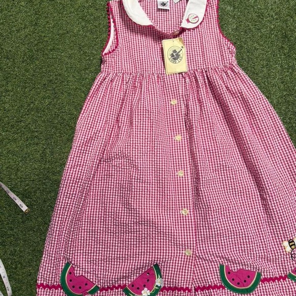 Pink gingham watermelon dress with white collar and buttons. Size: 10 - Picture 2 of 6